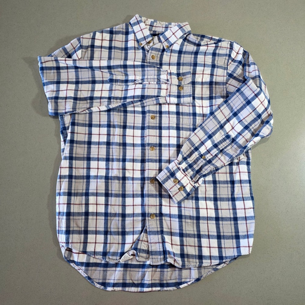 Cabelas Mens Flannel Button Down Shirt Blue White Red Plaid Size M Regular